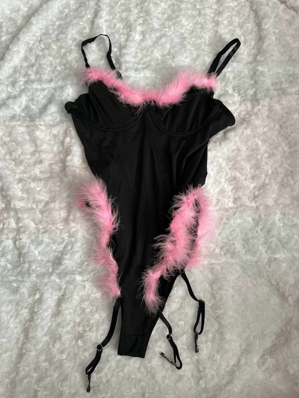 Black Bodysuit with Pink Feather Trim - Women's Intimates
